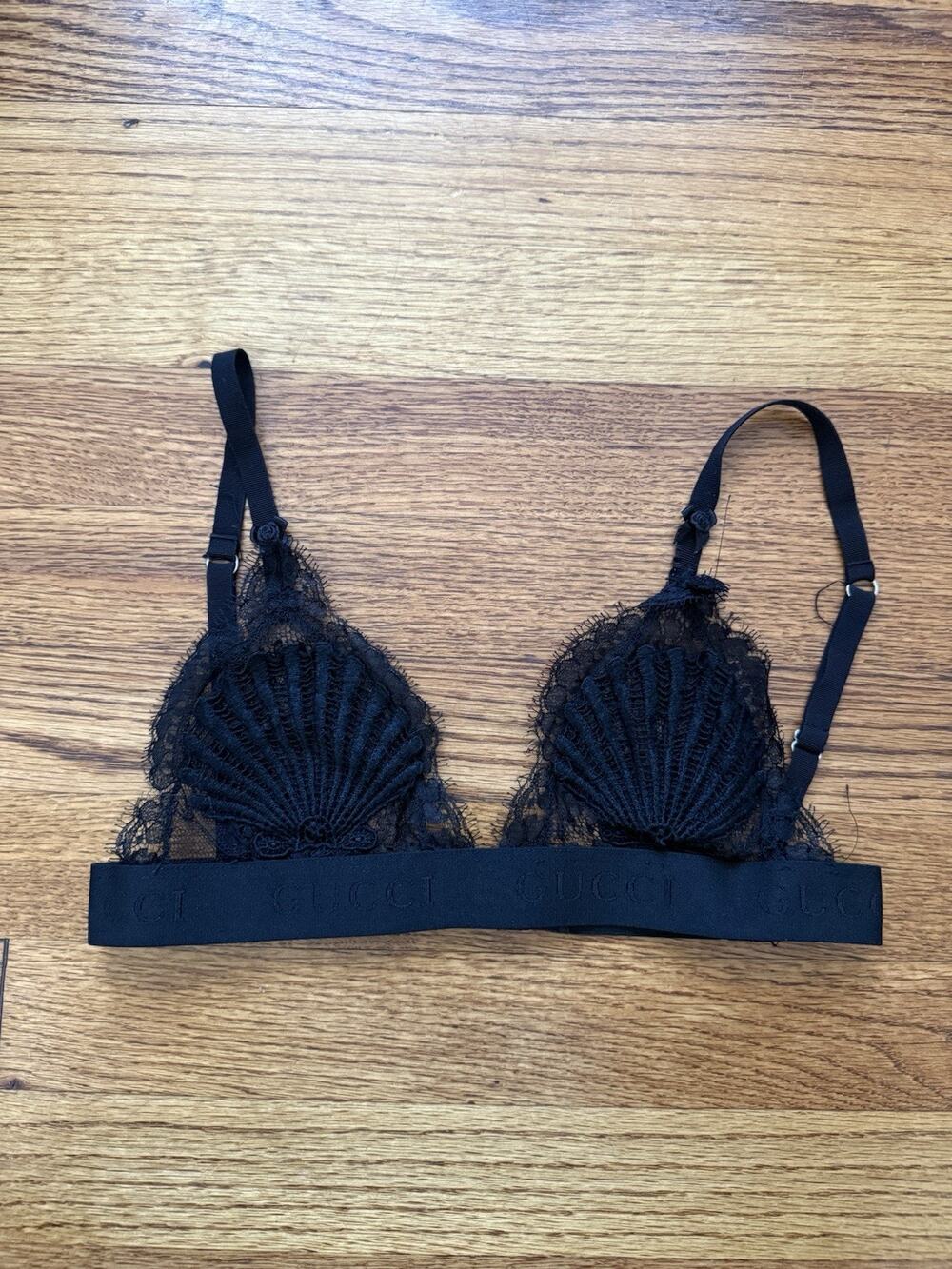 Gucci Black Lace Shell Motif Bralette Logo Elastic Band Size S